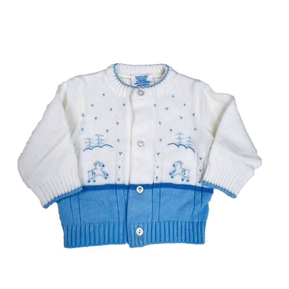 VTG Nann-Knits Baby Knitted Blue/White Cardigan Sweater Embroidered Newborn